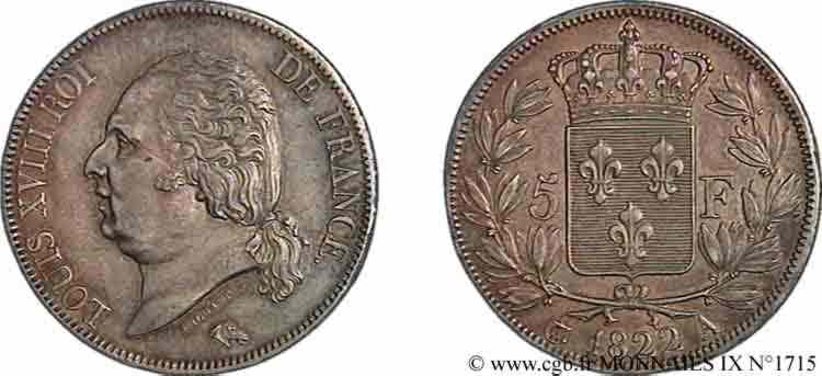 N° v09_1715 5 francs Louis XVIII, tête nue - 1822