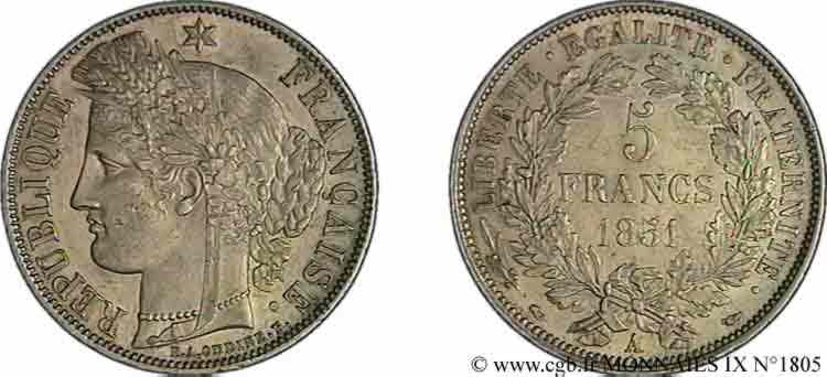 N° v09_1805 5 francs Cérès Seconde République - 1851